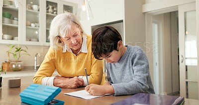Buy stock photo Homework, grandparent or child in kitchen with help, childcare or support with homeschool activity. Education, grandmother or boy in home with task, family guidance or assistance in distance learning