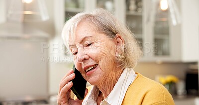 Buy stock photo Phone call, healthcare and senior woman in home for contact, booking appointment and feedback. Elderly person, tech or communication in retirement for medical advice, discussion or telehealth service