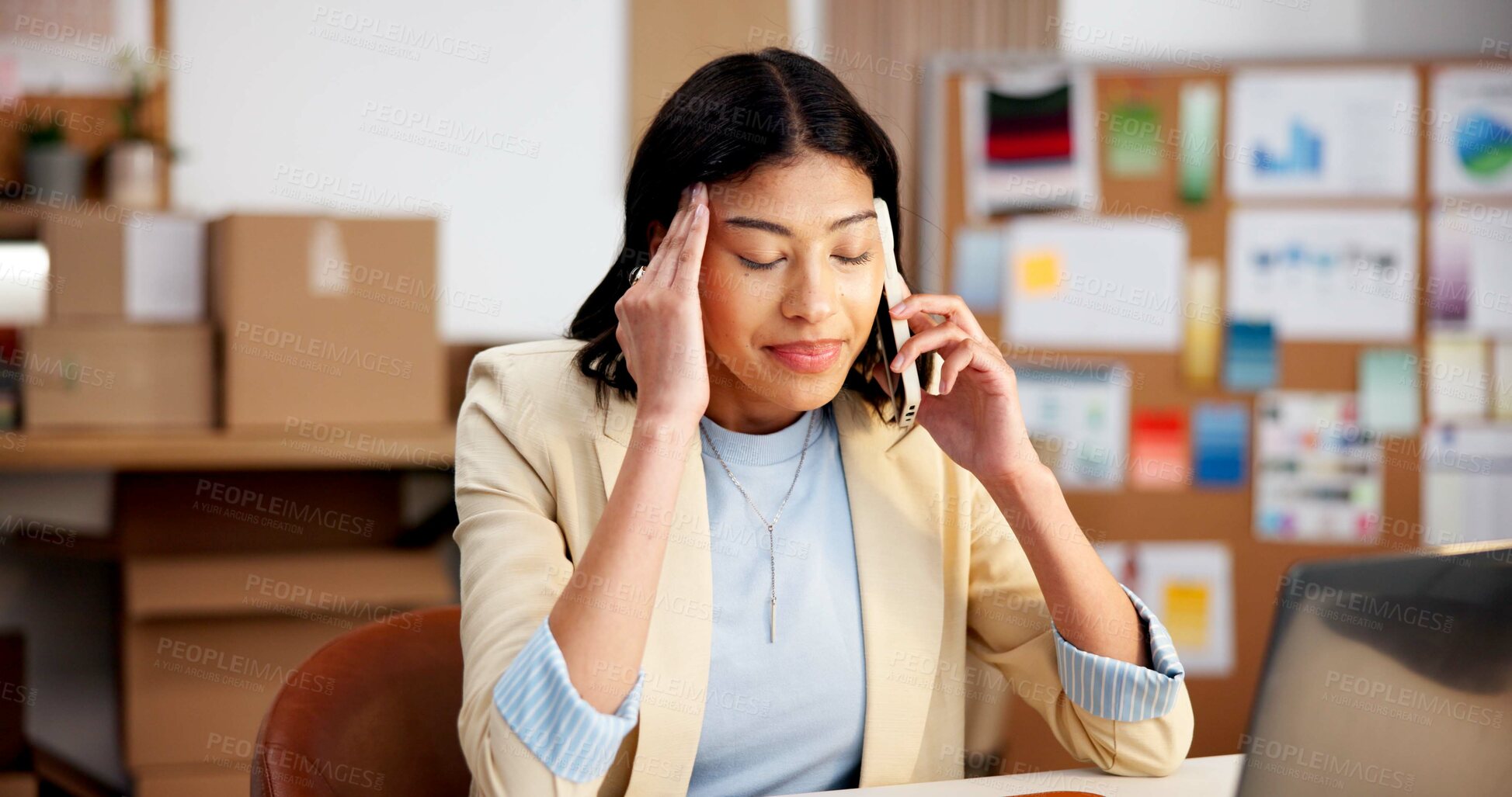 Buy stock photo Office, phone call and woman with headache for shipping, logistics and supplier delay for delivery. Stress, distribution and person on cellphone for contact, update and frustrated for supply chain