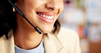 Mouth, consultant or happy woman with headset for customer service or online business order in store. Female person, smile or delivery agent with mic for virtual assistance, help or tracking feedback