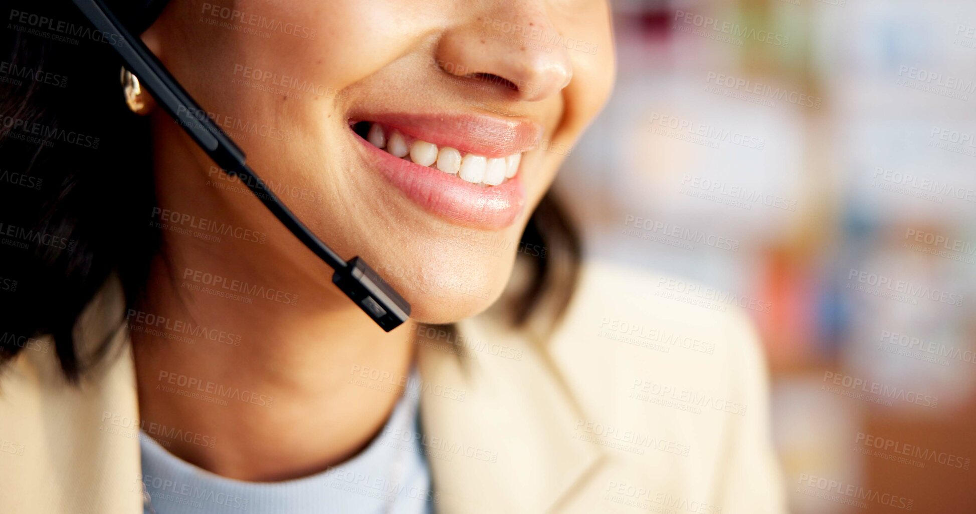 Buy stock photo Mouth, consultant or happy woman with headset for customer service or online business order in store. Female person, smile or delivery agent with mic for virtual assistance, help or tracking feedback