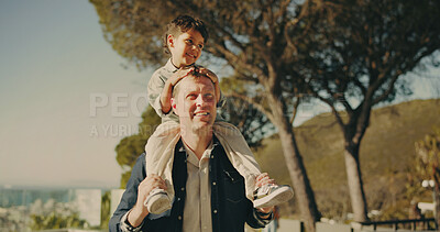 Buy stock photo Shoulder, smile and father with son in nature for bonding, family connection and airplane game. Commitment, love and weekend break with man and child outdoor for freedom, growth and support together