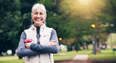 Buy stock photo Portrait, old woman and dumbbells in nature for fitness, exercise and smile for healthy lifestyle. Happy, senior person and arms crossed at park with equipment, workout and stress relief for wellness