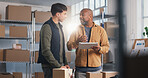 People, owner and logistics at startup with tablet, discussion and supply chain for distribution. Flare, team or talking in warehouse with digital, stock availability and delivery route for ecommerce