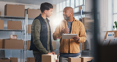 Buy stock photo People, owner and logistics at startup with tablet, discussion and supply chain for distribution. Flare, team or talking in warehouse with digital, stock availability and delivery route for ecommerce
