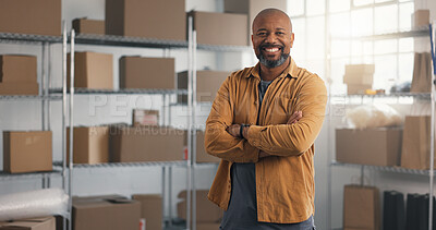 Buy stock photo Portrait, boxes and black man with confidence in logistics for small business or entrepreneurship. Male person, distributor or supplier with smile or arms crossed for distribution or supply chain