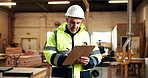 Writing, man or checklist in warehouse for carpentry supervision, analog tracking or manual cut list. PPE, mature supervisor or clipboard for joinery inspection, job specs or record project progress