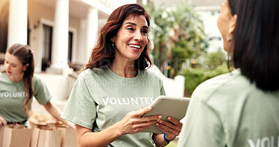 Buy stock photo Happy, woman and tablet outdoor for volunteering, sign up and appoint task for community outreach. Smile, coordinator and people with digital for charity, participation and job allocation for welfare