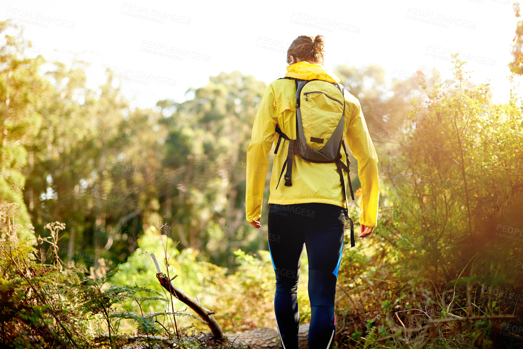 Buy stock photo Adventure, athlete and man with backpack, outdoor and journey for exploration of forest or trail. Woods, back and person with sportswear for trip, traveller or tourism in environment, path or walking