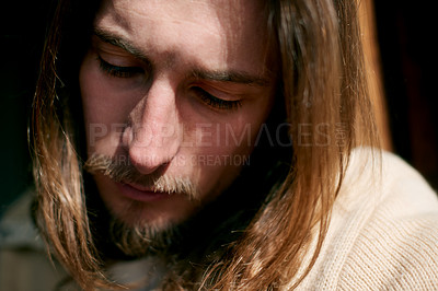 Buy stock photo Sad, man and thinking of unemployment, poverty or anxiety for homelessness, mental health or lonely. Unhappy, person and reflection for job loss, contemplating or worry for survival and bankrupt