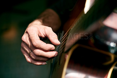 Buy stock photo Music, guitar and band with hands of man in home for performance, song practice and production. Musician, acoustic instrument and creative artist with person in apartment for sound and entertainment