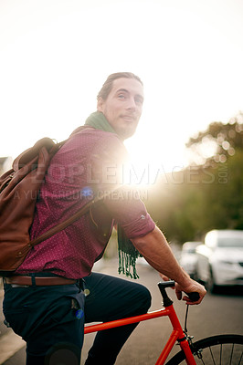 Buy stock photo Leaving, thinking or man on bicycle in city for eco friendly transport, commute or entrepreneur. Sunset travel, street or designer on road in urban town with ride, fashion or bike for creative job