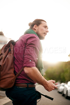 Buy stock photo Thinking, phone or man on bicycle in city for eco friendly transport, commute or travel. Lost, morning or confused designer on street in urban town with sunrise, mobile app or bike for directions