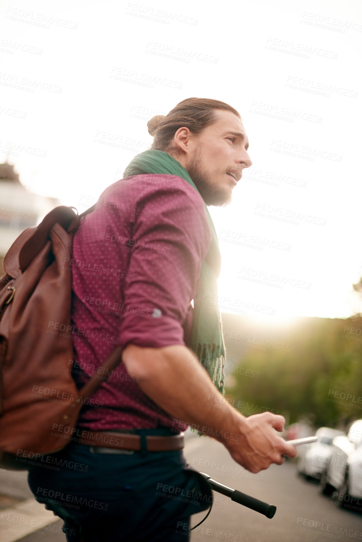 Buy stock photo Thinking, phone or man on bicycle in city for eco friendly transport, commute or travel. Lost, morning or confused designer on street in urban town with sunrise, mobile app or bike for directions