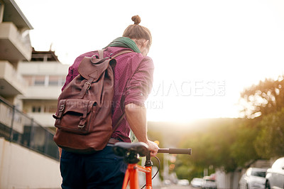 Buy stock photo Entrepreneur, back or walk with bicycle in city for eco friendly transport, commute or leaving. Man, street or designer on road in urban town with outdoor travel, fashion or bike with morning sunrise