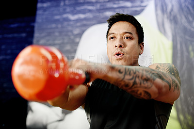 Buy stock photo Exercise, man and swing kettlebell at gym for strength training, burning calories and performance. Health club, athlete and workout with weights for endurance challenge, functional fitness and power