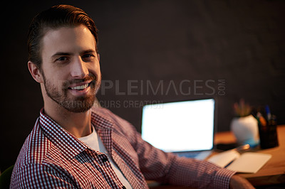 Buy stock photo Happy businessman, portrait and night with laptop screen for project deadline or overtime at office. Man, employee or designer working late with smile on technology display for design on mockup space