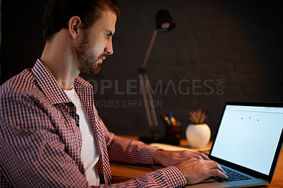 Buy stock photo Night, laptop and 404 with business man in office with connection issue, troubleshooting and error. Ip configuration, website crash and typing with person in agency for networking or internet outage