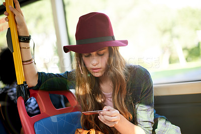 Buy stock photo Bus, travel and girl with card for payment, credit transaction or trip with student. Public transport, ticket and passenger commute with teen kid for school with boarding pass, finance and journey