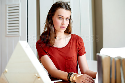 Buy stock photo Portrait, girl and laptop for education at house for research, elearning and website for studying. Female teenager, online and internet for school portal, schedule update and assignment for homework