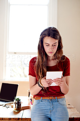 Buy stock photo Teenager, tablet and education with girl at home for elearning, scholarship research and study schedule. Class assignment, project and lecture notes with young student and online for exam portal 