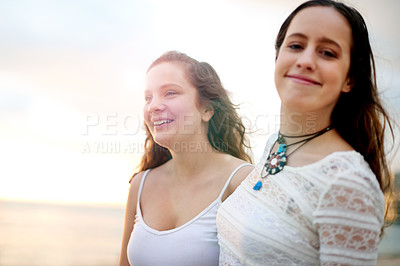 Buy stock photo Happy, friends and girls at beach for holiday, travel and vacation for bonding with space. Teenager, portrait and gen z people relax with smile, sea and ocean trip in Miami for summer adventure