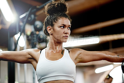 Buy stock photo Exercise, woman and power for bodybuilder, workout and fitness in gym for health and strength. African person, weightlifting and athlete for muscle development, challenge or training for wellness