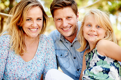 Buy stock photo Outdoor, family and portrait in park with smile, relax and bonding on summer holiday for childhood memory. Happiness, mother or father on vacation with child, travel or adventure for wellness trip.