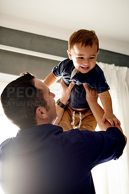 Buy stock photo Father, playing and baby in air at house of fun activity, airplane games and bonding together. Smile, man and lifting for fantasy flying with boy child, family time and weekend break for development