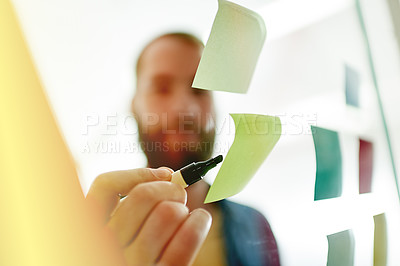 Buy stock photo Writing, creative and hands with sticky notes, office or planning for marketing strategy or campaign. Glass, brand manager and person with info for advertising, schedule and research for project