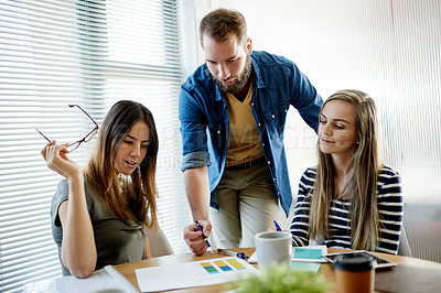 Buy stock photo Business people, team and meeting with graphs for discussion, social media marketing or stats. Chart, group and paperwork in creative startup for engagement analytics, planning or campaign in office