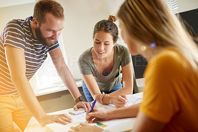 Buy stock photo Man, women and team with interior design, meeting and discussion with notes, floor plan and review at office. People, group and writing with budget, blueprint and documents for property development