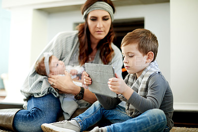 Buy stock photo Tablet, mom and kids relax in home for learning, streaming and bonding with app on internet. Tech, children and parent with baby for online education, game or chill on floor with family in lounge