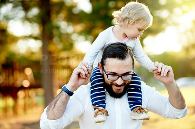 Buy stock photo Bonding, daughter on shoulders and dad outdoor together for child development, growth or trip. Adventure, journey or walking with cute toddler and single parent man in nature for discovery or explore