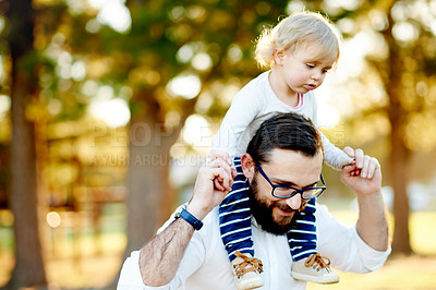 Buy stock photo Bonding, daughter on shoulders and father outdoor together for child development, growth or trip. Adventure, journey or walking with single parent man and toddler in nature for discover or explore