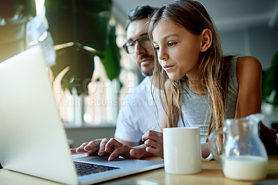 Buy stock photo Laptop, search and father with daughter in home for streaming service, support and cartoon. Bonding, movie subscription and connection with man and child in family house for online platform and love