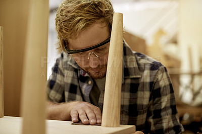 Buy stock photo Woodwork, sanding and man in warehouse for manufacturing, carpentry or production process. Small business, building and creative carpenter in workshop for craft, industrial trade and manual labor