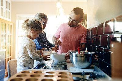 Buy stock photo Father, children and learning to bake in kitchen, help and bonding together with family. Kids, dad and cooking with parent in home, teaching recipe and mix dough for food preparation with girls