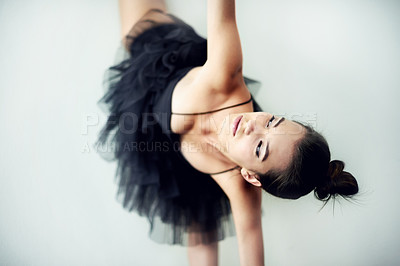 Buy stock photo Flexible, performance or woman in studio for ballet craft, creative dancing or grace. Wall, white background or female dancer in theatre with elegance, art or space for skill or ballerina academy