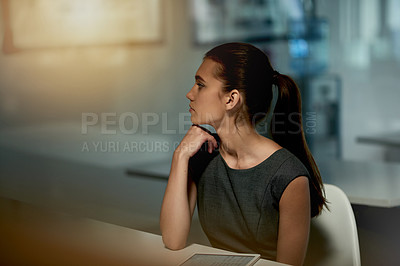 Buy stock photo Thinking, night or woman with tablet in startup for social media insights or creative ad campaign. Overtime, business and content writer on app for online project, news article or marketing trends