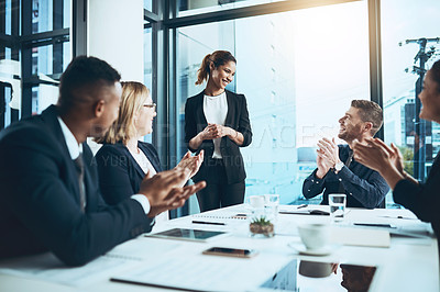 Buy stock photo Business people, meeting and applause with proposal in office for partnership, launch or project. Deal, employees and clapping hands with smile for brainstorming, planning or celebration for feedback