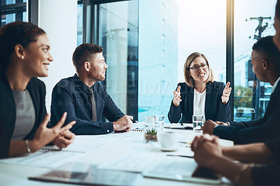 Buy stock photo Business, woman and meeting with group in boardroom, smile and proposal briefing with attention. Collaboration, team leader and explain with listening, strategy and discussion for project in office