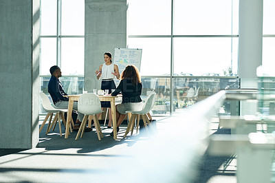 Buy stock photo Presentation, report and speaker with business people in office for discussion, planning and project management. Collaboration, teamwork and woman with whiteboard for brainstorming, meeting or review