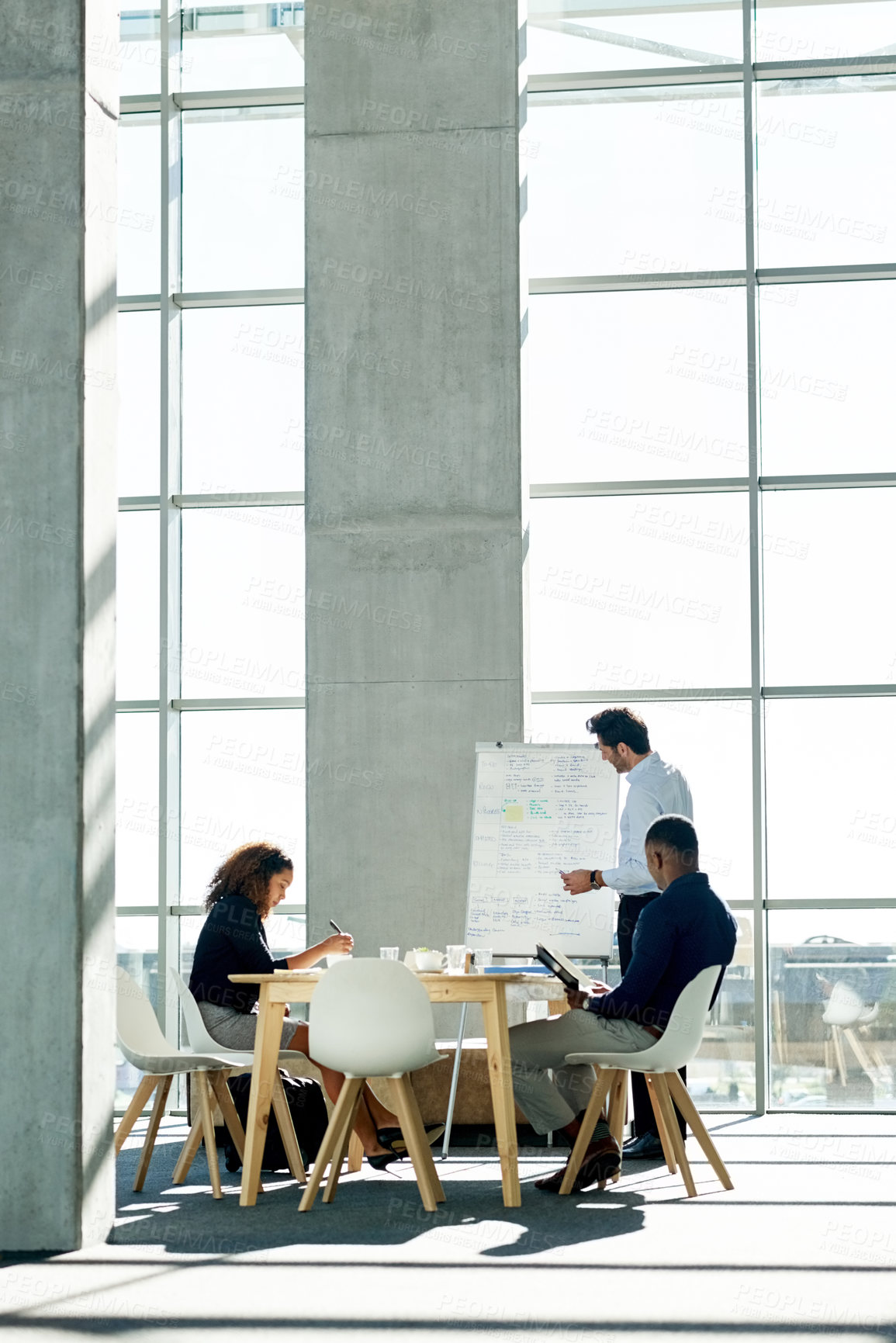 Buy stock photo Meeting, presentation and woman with business people in office for strategy, finance review and teamwork. Whiteboard, space and corporate workers for financial growth, collaboration or proposal idea 