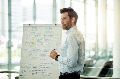 Buy stock photo Whiteboard, presentation and pitch with business man in office for teaching, timeline and project progress. Speaker, planning and schedule feedback with employee in agency for brainstorming proposal