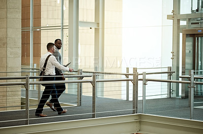 Buy stock photo Walking, team and discussion with business people in hotel for conference, meeting and opportunity. Convention center, tradeshow seminar and partnership with employees for symposium event and expo