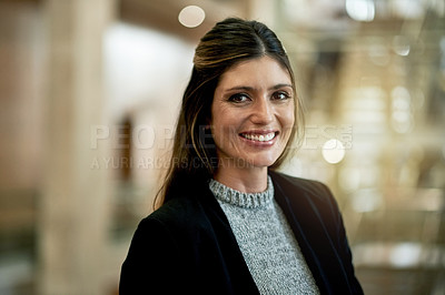 Buy stock photo Confidence, business woman and portrait in office for career or upskill development. Convention center, smile and female person in lobby for seminar, opportunity or consultant conference with bokeh