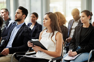Buy stock photo Tablet, audience and conference with business woman for presentation, panel discussion and research. Meeting, workshop and schedule list with people at seminar for team, digital agenda and showcase