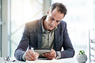 Buy stock photo Writing, mature or businessman on tablet in office for budget planning, finance and audit. Notebook, review or accountant on touchscreen in financial agency for equity, news and investment research