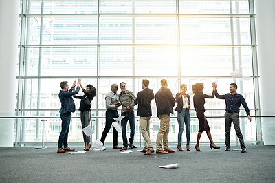 Buy stock photo Business, team or high five celebration with paperwork for financial deal, success or achievement. Finance staff, office or people with documents for investment offer, company growth or group support